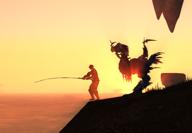 鷹栖恭弘 アバラシア雲海での釣り 雲海や砂漠での釣りってあんま好きじゃないんだけどここは景色が綺麗だった チョコボのシルエットが映えていい感じ まぁ狙ってたゴブリパス釣れなくて結局買って納品したんですけどね W Http T Co 6ucylksc4j