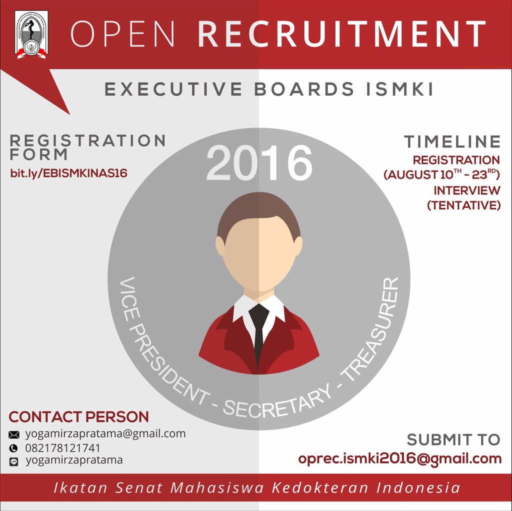 OPEN RECRUITMENT !
EXECUTIVE BOARDS
ISMKI 2016-2017
<a href="/KBMFKUNISA/">KBM-FK  UNISA</a>  <a href="/BEM_FKUKWMS/">BEM FK UKWMS</a> @lgm_fkunisma @SMFKUSR @Hmpd_Untad