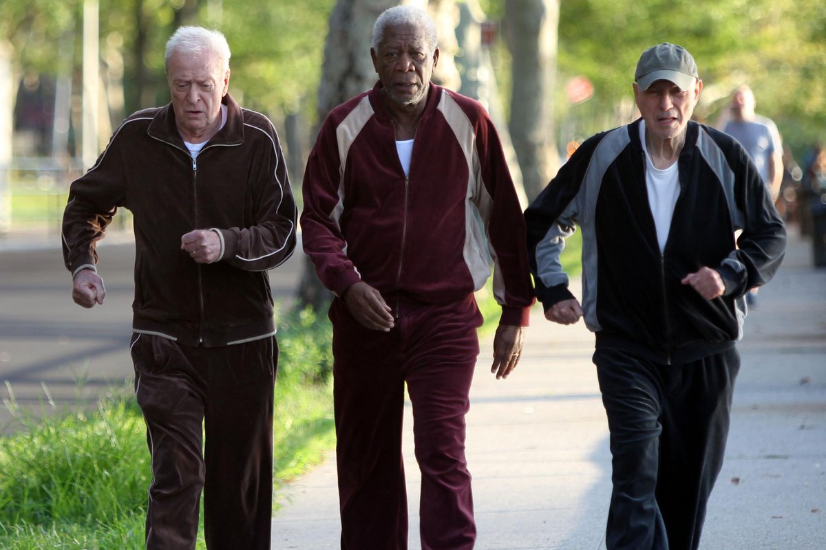 runnersworld's tweet photo. Michael Caine, Morgan Freeman, &amp; Alan Arkin filmed a running scene in the best tracksuits ever http://t.co/fqSiEFDwdH http://t.co/exoT0pBwHk