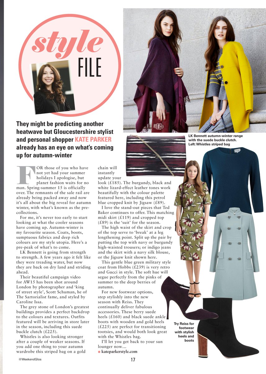 KateParkerStyle's tweet photo. The sun is shining and I'm looking at Autumn Winter fashion in today's  @WeekendGlos @LKBennettLondon http://t.co/kB286fYz8s
