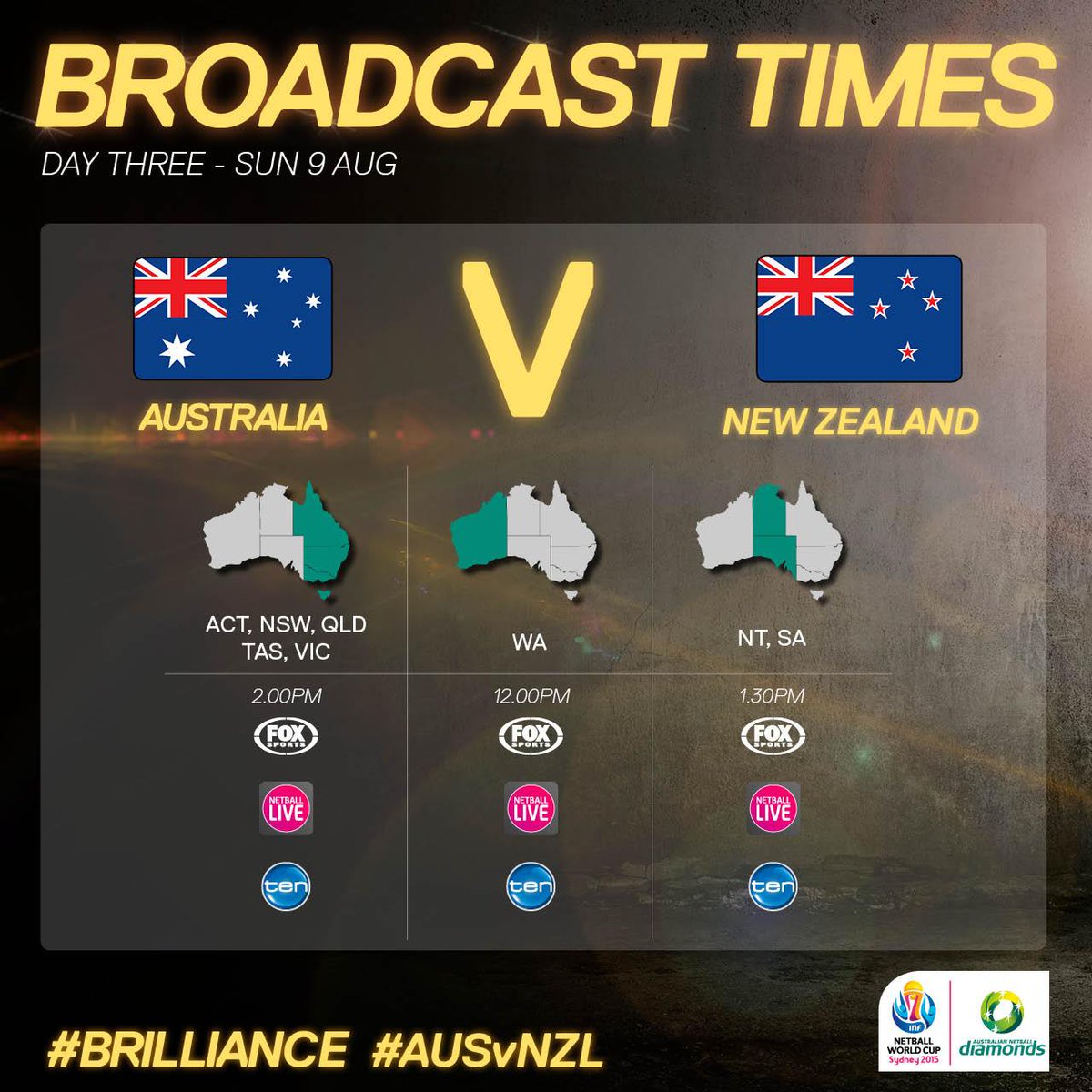 AussieDiamonds's tweet photo. Today we face @SilverFernsNZ. Watch live on @channelten @FOXSportsAUS and Netball Live #AUSvNZL http://t.co/4kHyZKClWP