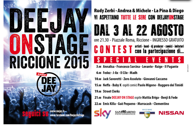 TweetRiccione's tweet photo. prossimo appuntamento con i #concerti di @radiodeejay lunedì 10 agosto @JackSavoretti @zero__assoluto @giov_caccamo http://t.co/71wO04GaaY