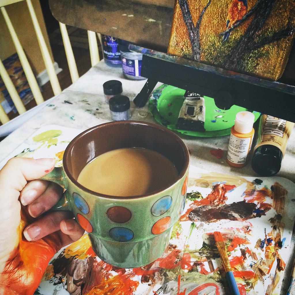 dkfoxfraser's tweet photo. Coffee in one hand, paint brush in the other. Excited to finish these art projects! #SaturdayInTheStudio http://t.co/riW6vEbwDF