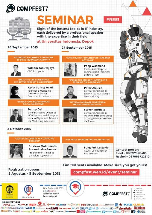 rikamariska's tweet photo. Make sure you get your seat! Segera daftarkan dirimu di Seminar CompFest7 Klik http://t.co/TAvMV8xYGp #ExploreITon http://t.co/y25avmC0KN