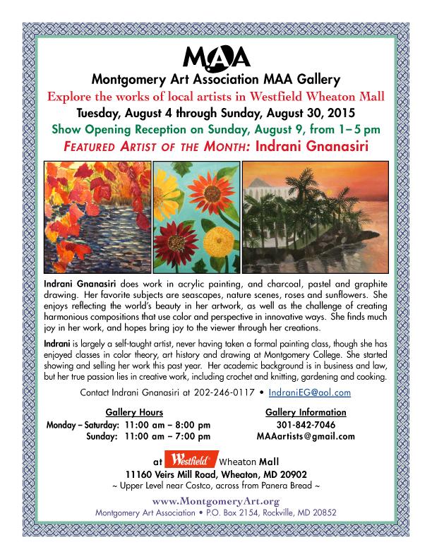 MontArtAssoc's tweet photo. RT Pls. #Gallery features Indrani Gnanasiri's #art at @MontArtAssoc in @WestfieldWHE. Reception Aug 9, 1-5 PM. http://t.co/kGuhlHH3lK