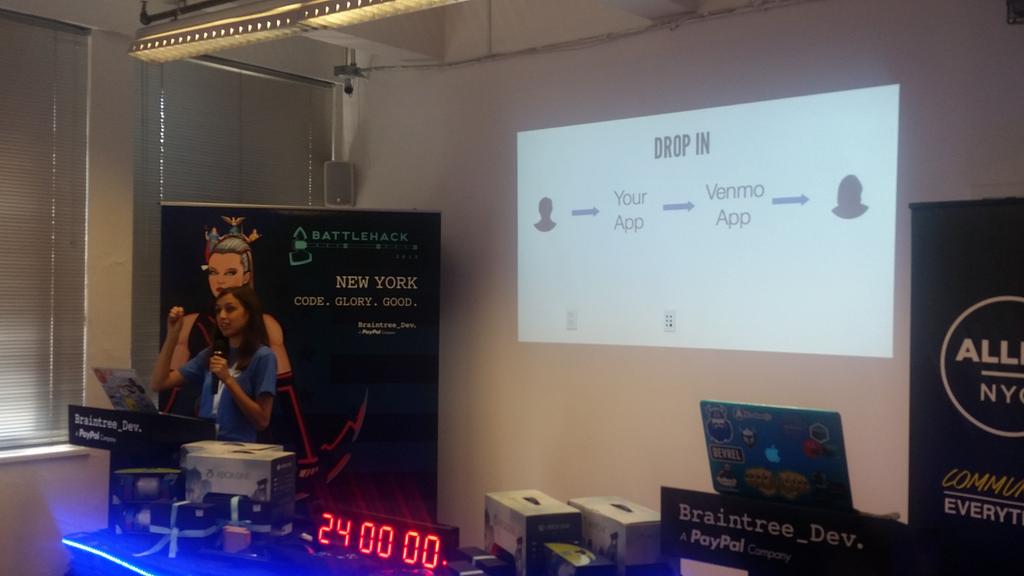 paypaldev's tweet photo. Going for @venmo? @cassidoos shows awfully simple it is to integrate Venmo! #BattleHack NYC http://t.co/OkrhtXA6pu