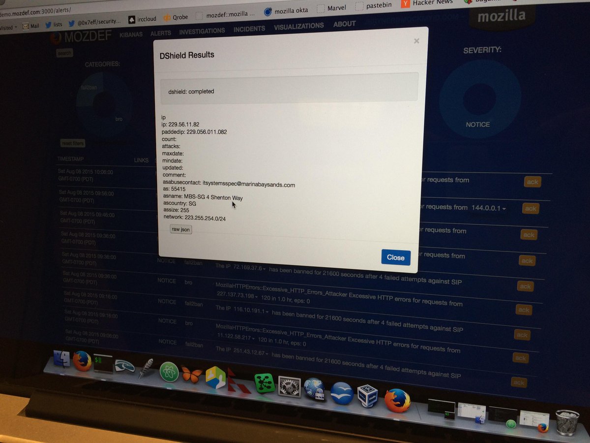 RayDavidson's tweet image. #MozDef, the bacon of SIEMs! Now with #dshield plugin! Waiting for a demo at #defcon Demo Labs
