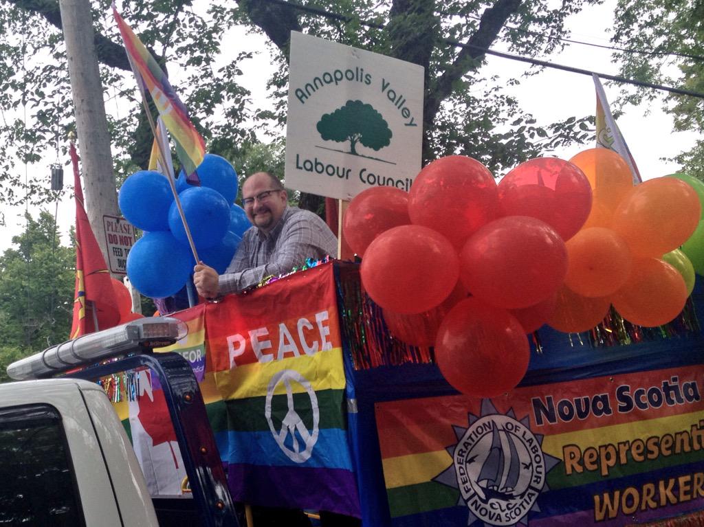 All sun &amp; smiles with <a href="/Tony_Tracy/">Tony Tracy</a> on the <a href="/NS_labour/">Nova Scotia Federation of Labour</a> float in the #capebreton Pride parade! #canqueer #nspoli
