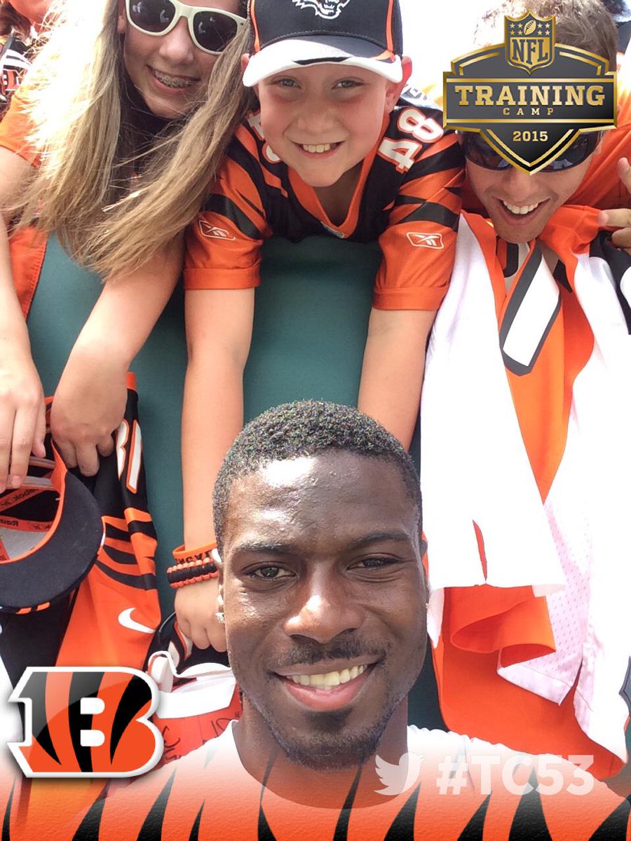 Bengals's tweet photo. Greetings from A.J. Green at #Bengals Training Camp 2015 presented by @FifthThird's Family Day! #TC53 #LetsRoar http://t.co/5DMuxx7WCL