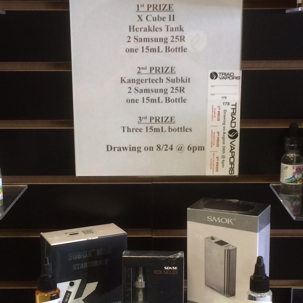 TriadVapors's tweet photo. 1st prize is the new xCube II, Herakles tank
2nd prize is Kanger Subkit
$10 tickets in store only! http://t.co/XuM3AILJ6q