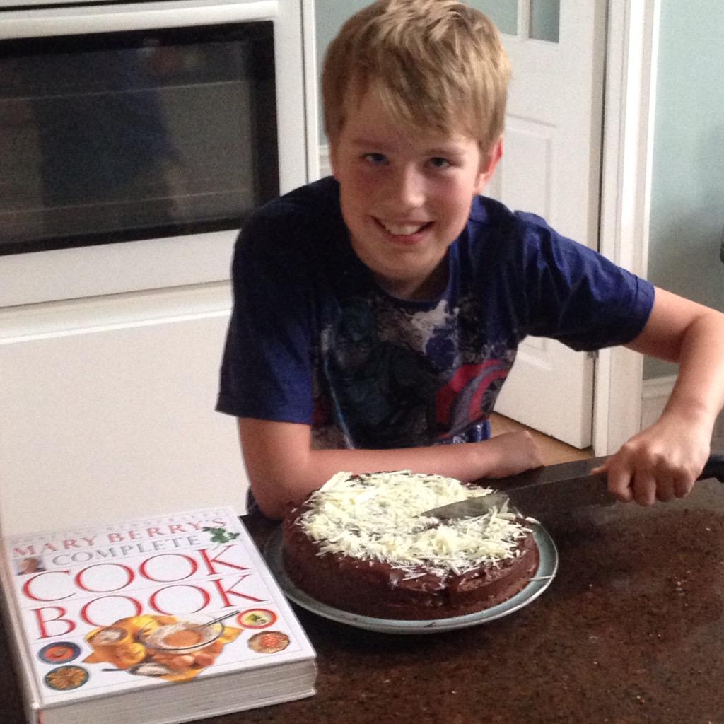 johnstricklandx's tweet photo. @BritishBakeOff Will's first attempt at Mary's Heavenly Chocolate Cake. A future contestant? http://t.co/2KMwjrm8oY