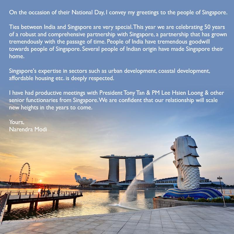 narendramodi's tweet photo. Greetings to the people of Singapore as they mark 50 years of Singapore's independence. @SG50 @leehsienloong. http://t.co/ooIFJ1XscS