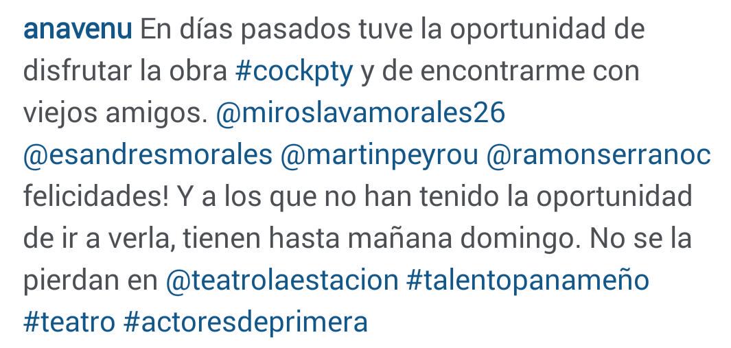 NewsAndresM's tweet photo. "@AnaliaTVN: En días pasados tuve la oportunidad de disfrutar la obra #cockpty y de encontrarme con viejos amigos..." http://t.co/BHcyQ1myZv
