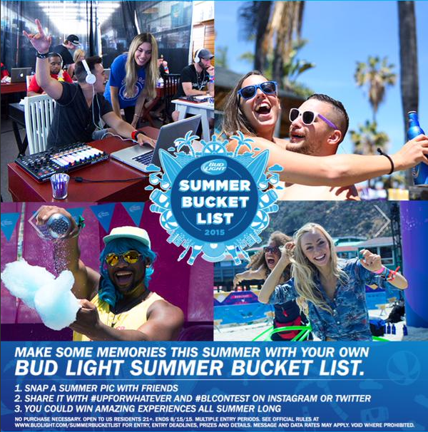 BudLight_TX's tweet photo. Last chance to enter the #SumerBucketList Contest
1. Take a pic
2. Use: #UpForWhatever & #BLcontest
3. Share it! http://t.co/qMw3gbxBgP