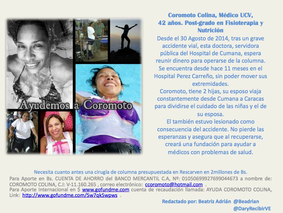 Beadrian's tweet photo. @joseolivaresm Necesitamos que los medicos Venezolanos conozcan este caso de su colega UCV y la apoyen. Ayudame http://t.co/X4BoLvgFQ0