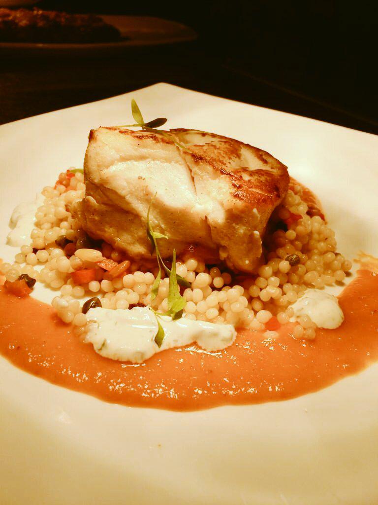 Roasted #Local Black #Grouper,  Israeli Cous Cous, Moroccan Spiced Tomato Sauce, Preserved Lemon Coriander Crema