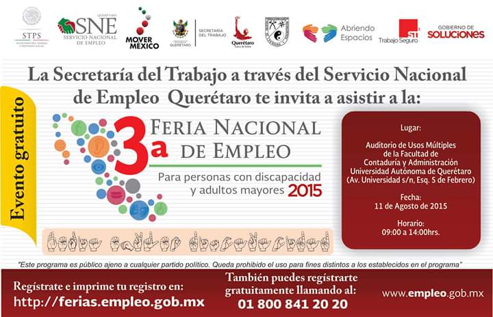 SNEQueretaro's tweet photo. Te esperamos este martes 11 de agosto a la 3a. #FeriaDeEmpleo  para #PersonasConDiscapacidad y #AdultosMayores http://t.co/tdIhNnNCN2