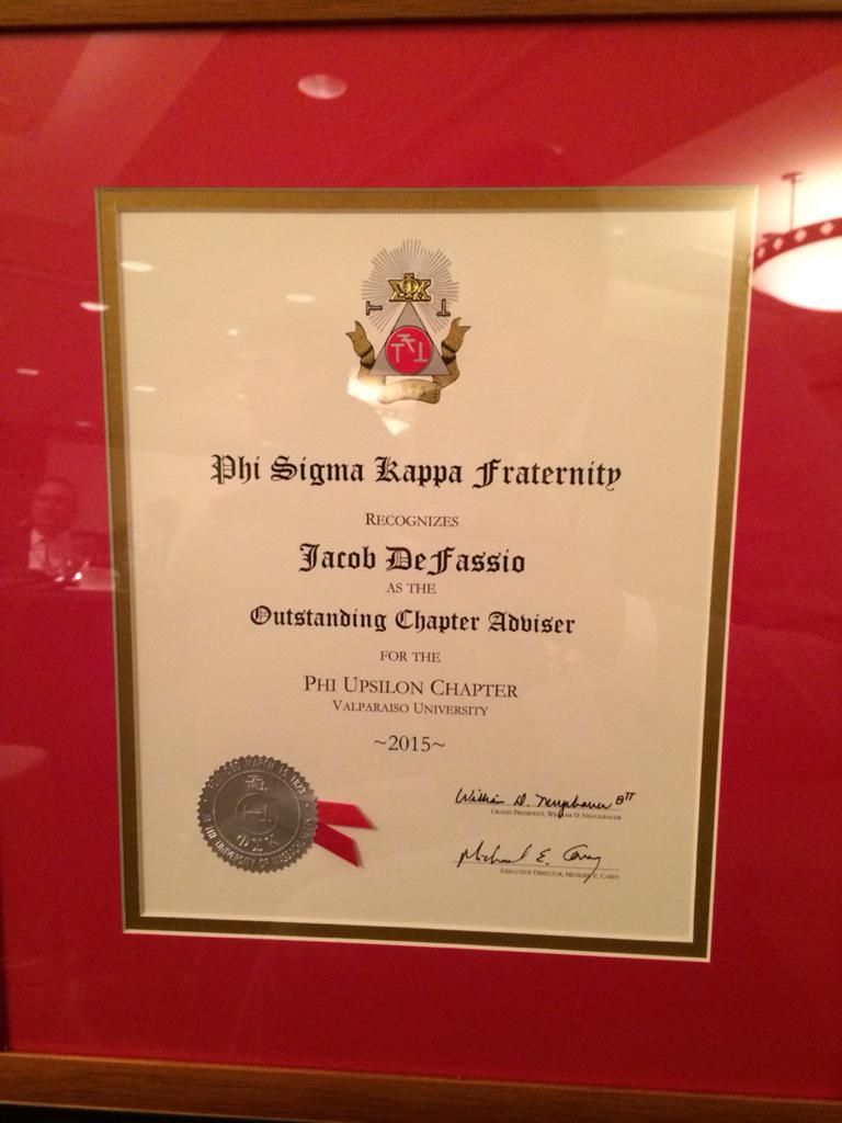 ValpoPhiSig's tweet photo. A huge congratulations to our alumni advisor @jdefassio for being named outstanding chapter advisor! #PSK65GC http://t.co/I445gwE4zC