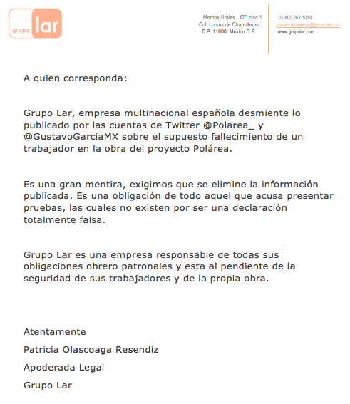 GrupoLarMexico's tweet photo. @Polarea_ @JuridicoMH @AdolfoRomanM  Grupo Lar México desmiente esta información y emite la siguiente declaración http://t.co/mho1cJ4ksF