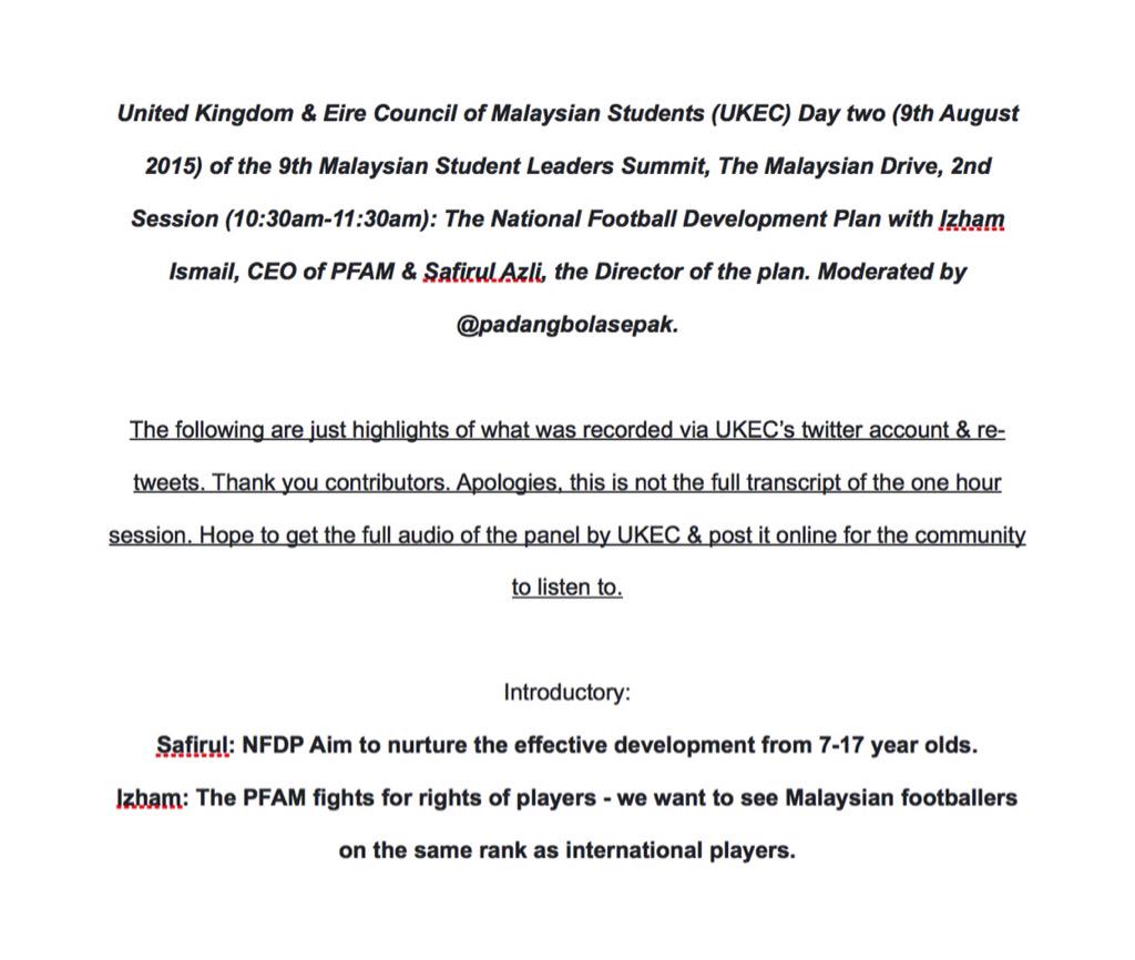 padangbolasepak's tweet image. Partial Transcript of the Panel on Malaysian Football:The Next Step on feat @SafirulAbuBakar @izham17 #MSLS2015 @UKEC