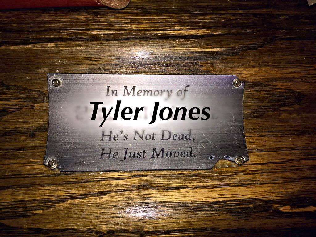 SureThingSteve's tweet photo. The festivities keep moving, now we're at The Regal Beagle...a place he loved. This is on the bar. #goodbyetyler http://t.co/y5k0dzKAmm