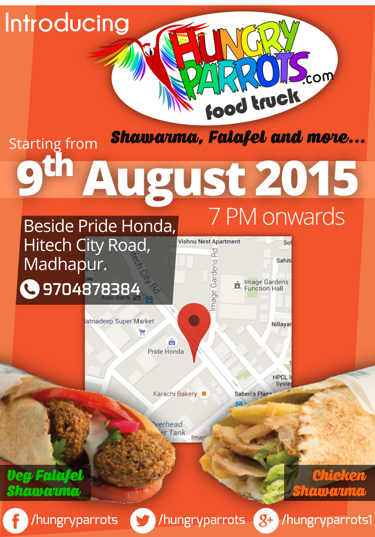hungryparrots's tweet photo. Everyone is invited for the inauguration of the first Shawarma &amp; Falafel food truck at Hi Tech city
#hungryparrots http://t.co/atOzy8ls45