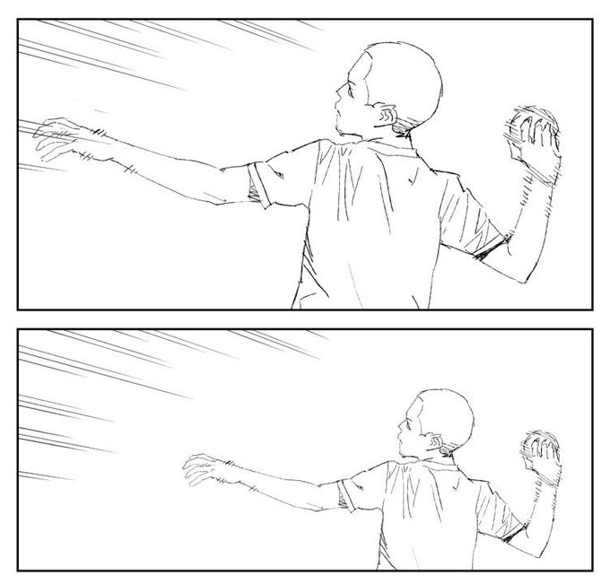 イラストから漫画へ移る時に注意したいのは コマをキャンバス的に捉えてみっちり構図取りしてしまう事(上図)。漫画はコマの中で余白を有効に使う(下図)。つっても上図が有効な時もあるので使い分けが大事ね。 