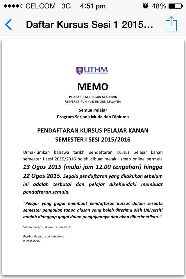 hanan_464's tweet photo. MEMO PENDAFTARAN SUBJEK PELAJAR KANAN UTHM. 

@TwtUTHM @uthm_aspirasi @twt_uthm @TVUTHM http://t.co/1yWpUIQLZA