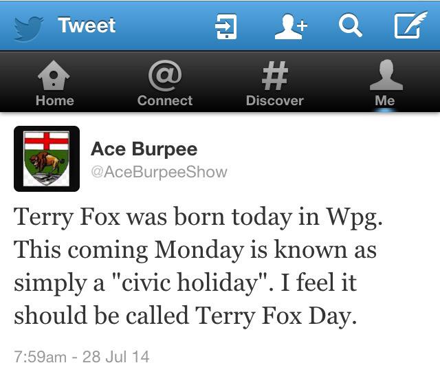 Happy Birthday Terry Fox! When you celebrate the Mon of August Long, know that it\s officially known as Terry Fox Day 