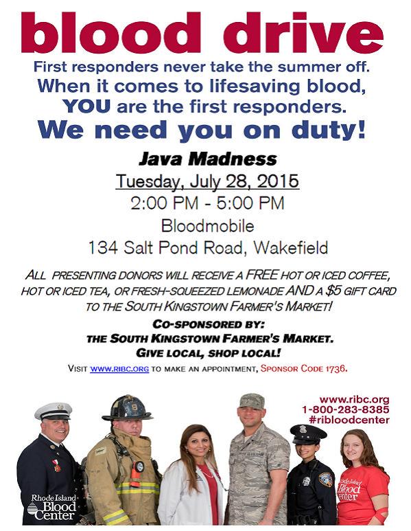 This afternoon:
Give blood = free coffee and $5 gift certificate to your favorite farmers market!
Win win situation!