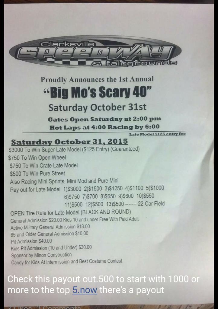 RacinPhil's tweet photo. New race added to @clarksvillespd line up, and a real nice guaranteed payout http://t.co/Lv1hFXbFoR
