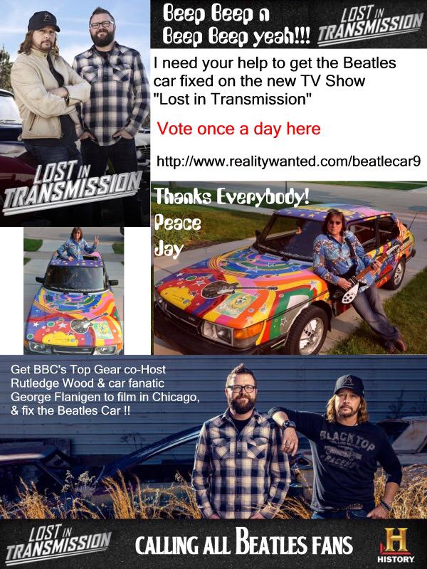 jaygoeppner's tweet photo. Help get the Beatles Car get fixed on "Lost In Transmission" with @RutledgeWood http://t.co/vzAGnLWpJP #Beatles http://t.co/OCGX7XZ0Ak