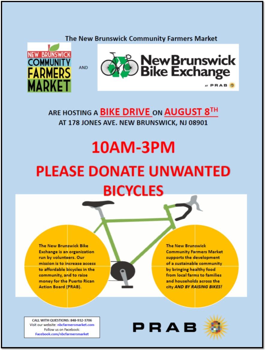 NewBrunswickCiclovia (@nbciclovia) on Twitter photo Donate old bikes to the <a href="/NBBikeExchange/">NB Bike Exchange</a> at the farmers market THIS Saturday, Aug 8th, from 10am-3pm! #bicycledrive Donate old bikes to the <a href="/NBBikeExchange/">NB Bike Exchange</a> at the farmers market THIS Saturday, Aug 8th, from 10am-3pm! #bicycledrive