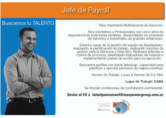 manpowergroupAR's tweet photo. Buscamos #Talento en evolución. 
*Jefe de Payroll (CABA)

Enviar el CV a  talentpermanent@manpowergroup.com.ar http://t.co/zl4wNQtGHY