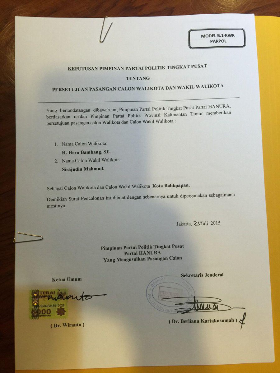 PilkadaBPN's tweet photo. Padahal sudah ada SK-nya lho, bahwa Hanura dukung Heru Bambang dan Sirajuddin Machmud. http://t.co/jGQTWrkRvL