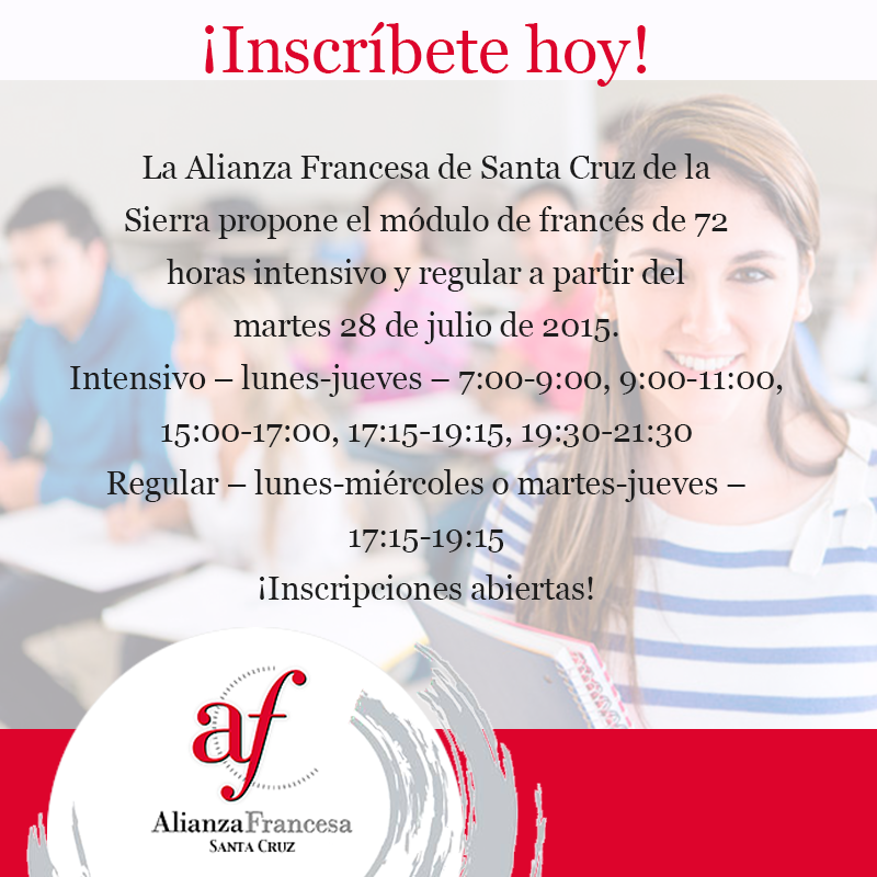 ¡Inscríbete hoy y podrás beneficiarte de nuestros descuentos promocionales! <a href="/AlianzaFRscz/">Alianza Francesa SCZ</a> #francia #aprendefrances