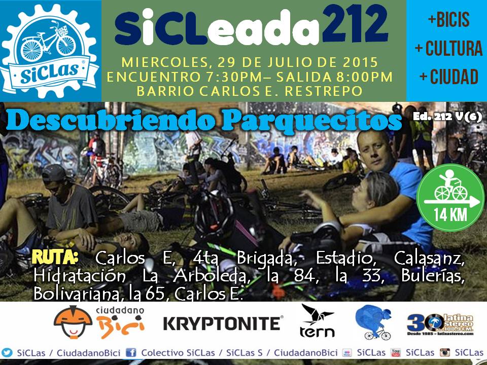 SiCLas's tweet photo. ¡Vamos Descubriendo Parquecitos en la #SiCLeada 212! Mayor información: http://t.co/YOlcEHGWPL http://t.co/zmLNzL8BzI