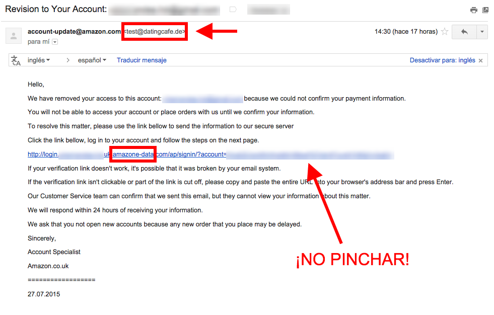 Mucho cuidado con un e-mail falso de Amazon que hemos recibido hoy #phising