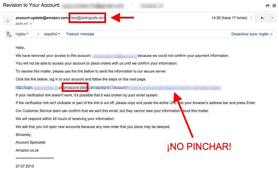 #Alerta
Mucho cuidadín con un e-mail falso de #Amazon pidiendo tus datos.
Fíjate en la url=Es #phising
#Nopiques