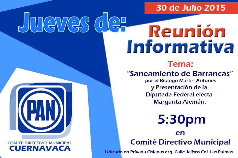 PAN_Cuernavaca's tweet photo. #Jueves #ReuniónInformativa 5:30 pm en las Oficinas del CDM #PAN #Cuernavaca Tema: "Saneamiento de Barrancas" http://t.co/O7LZLnC7Si