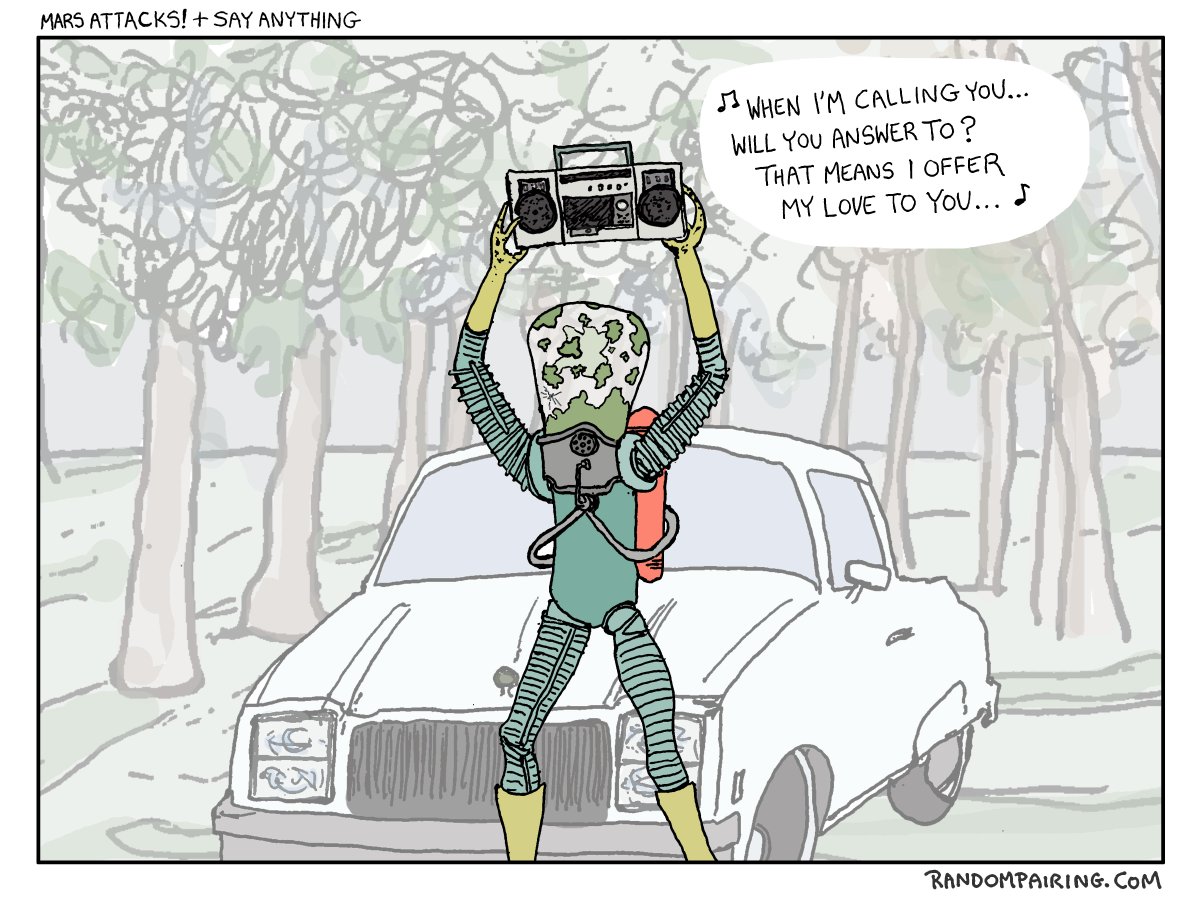 RPairing's tweet image. What if John Cusack in Say Anything was replaced by one of those Mars Attacks aliens? @TimBurtonNews