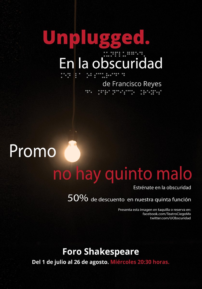 Aprovecha nuestra #promociónciega miércoles 20:30  <a href="/ForoShakespeare/">Foro Shakespeare</a> Deja que la obscuridad te envuelva <a href="/TeatroCiegoMX/">Teatro Ciego MX</a>