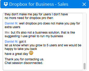 dpcleitao's tweet photo. .@DropboxBusiness really looking out for the little guy #quickdisconnect #rude http://t.co/2ucqg4NECs