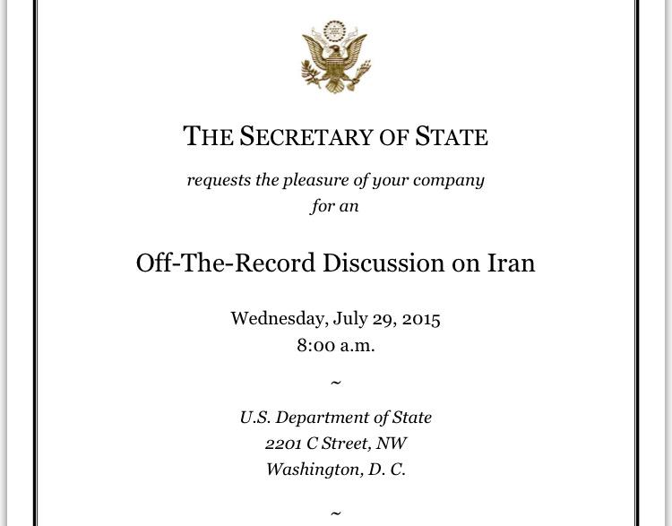 DylanByers's tweet image. John Kerry / State Dept. has invited reporters to an off-the-record discussion on Iran...