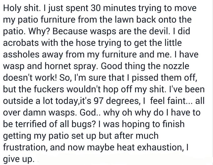 #WaspsAreTheDevil #FuckThisHeat #iHATEbugs #Fuck #Fuck #TimeForANap http://t.co/EjqUbogvJm<a href="/tag/waspsarethedevil"class="tags">#WaspsAreTheDevil</a><a href="/tag/fuckthisheat"class="tags">#FuckThisHeat</a><a href="/tag/ihatebugs"class="tags">#iHATEbugs</a><a href="/tag/fuck"class="tags">#Fuck</a><a href="/tag/timeforanap"class="tags"><span>#timeforanap</span></a>