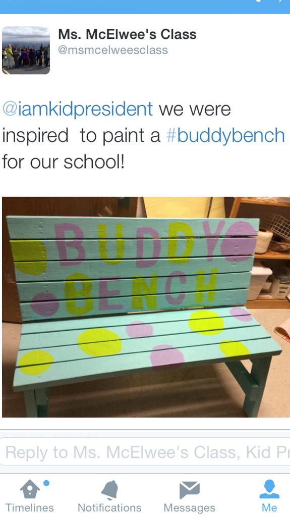 iamkidpresident's tweet photo. This amazing class was inspired reading about @Buddy_Bench in the Kid President book so they made their own! http://t.co/t3a7npKUOg