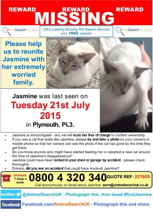 Animal Search UK (@animalsearchuk) on Twitter photo PLS RT <a href="/plymouth_devon/">Plymouth Devon UK</a> <a href="/BBCPlymouth/">BBC Plymouth</a> #missingcat #plymouth #pl3 #findjasmine animalsearchuk.co.uk/find-lost-pets… PLS RT <a href="/plymouth_devon/">Plymouth Devon UK</a> <a href="/BBCPlymouth/">BBC Plymouth</a> #missingcat #plymouth #pl3 #findjasmine animalsearchuk.co.uk/find-lost-pets…
