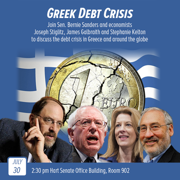SenSanders's tweet photo. Thursday: Sen. Sanders &amp; Joseph Stiglitz will be discussing the Greek Debt Crisis. RSVP: http://t.co/KFwVnsWl6C http://t.co/zxXTFk1pvS
