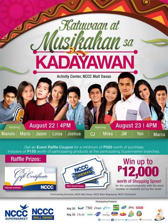 Catch them live <a href="/milesocampo/">Miles O</a> <a href="/NavatoCJ/">Christianne Navato</a> <a href="/marcogumabao/">Marco Gumabao</a> <a href="/1migueldeguzman/">JM de Guzman</a> <a href="/yensantos/">Yen Santos</a> at NCCC Mall Davao on Aug23, 4PM
