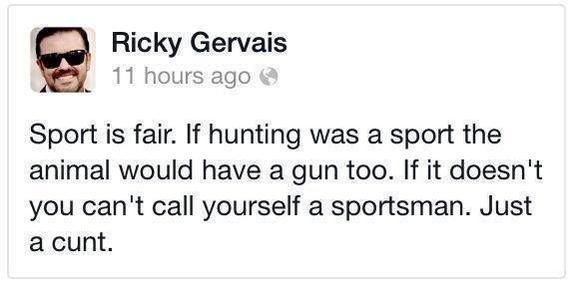 _AnimalAdvocate's tweet photo. As always Ricky, you say what we are all thinking.

#RIP #CecilTheLion

@Potus must #BanTrophyHunting

@RickyGervais http://t.co/jGLSuJIHRX
